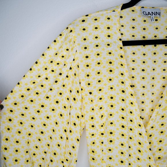 Ganni Floral Crepe Wrap Top Maize G32 - Picture 7 of 10